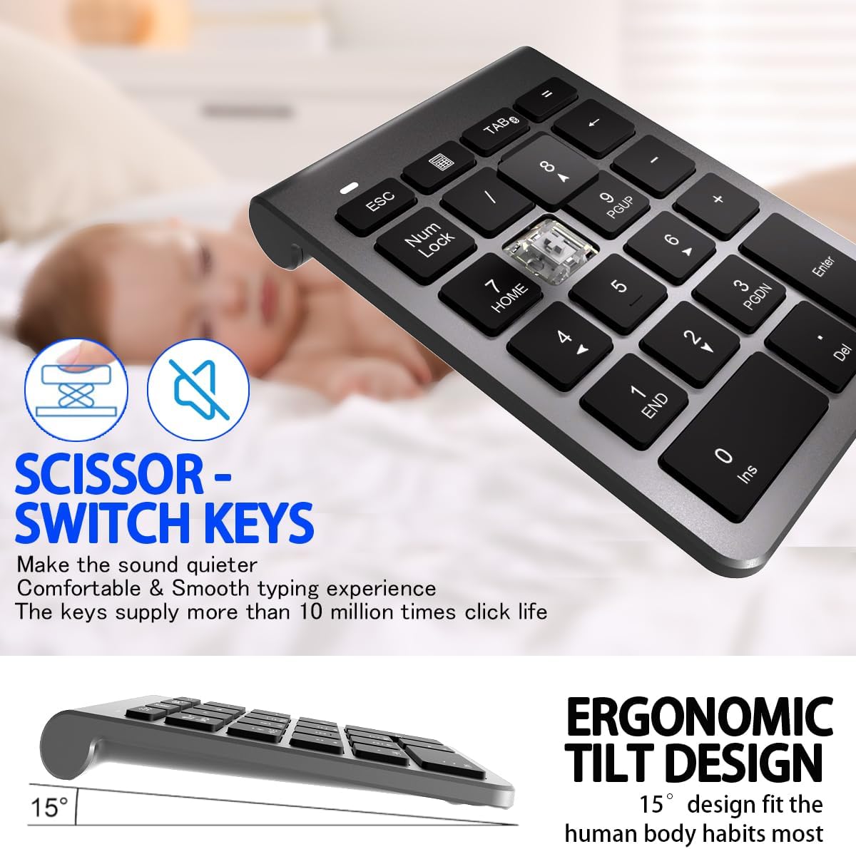 Bluetooth Number Pad, Wireless Numeric Keypad with 22 Keys - Portable Numpad for Laptop/Desktop/MacBook/Surface Pro/Windows/Android/iOS - Quiet Keys 33ft Range & Ergonomic Design​