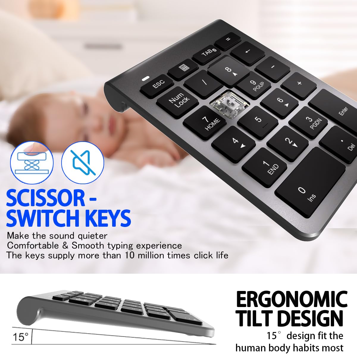 Bluetooth Nummernblock, Kabelloser Ziffernblock mit 22 Tasten（inkl-11 Multifunktionstasten） Leiser Numpad für Laptop/Desktop/MacBook/iPhone/iPad/Surface Pro(Windows/macOS/iOS/Android) – 10m Reichweite