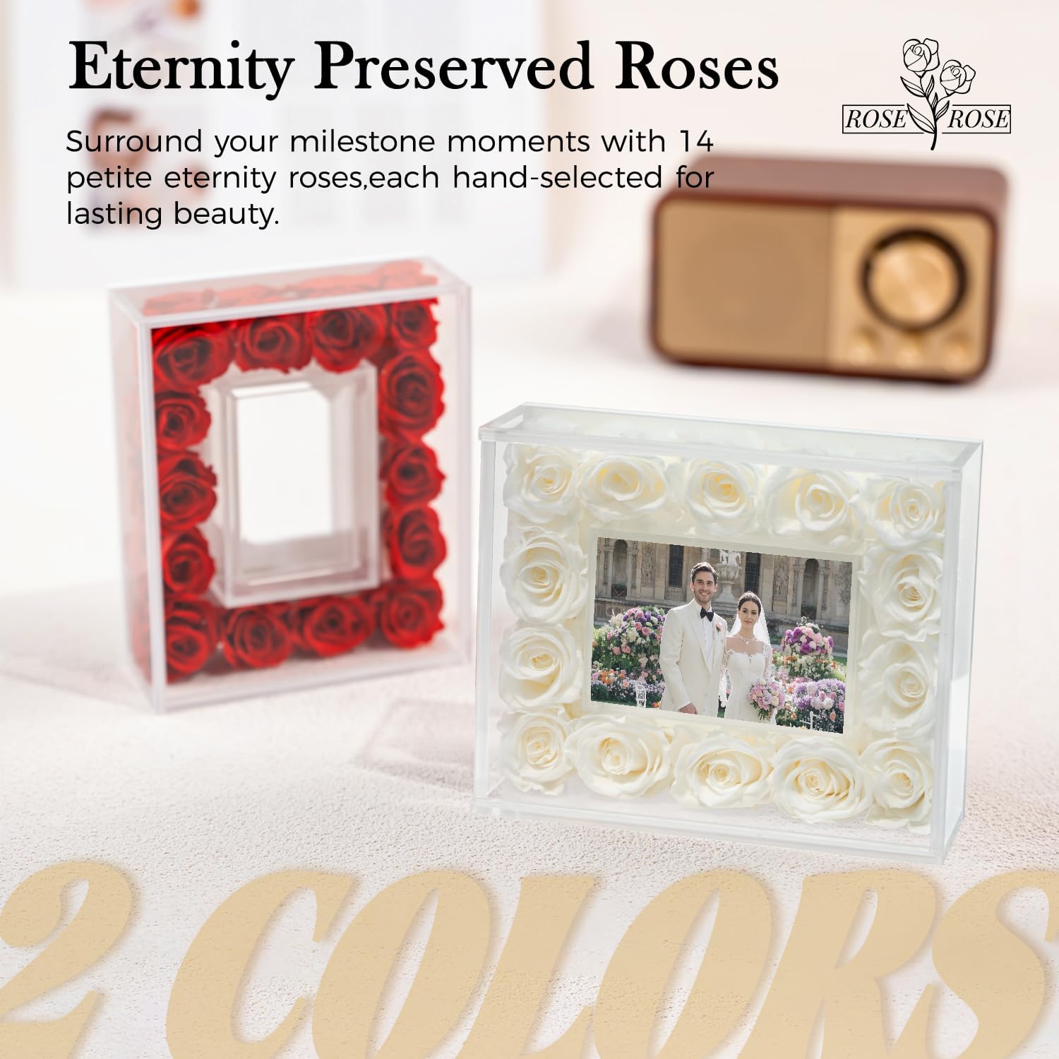 ROSEROSE Preserved Roses Frame, 14 Forever Flowers Eternal Rose in Acrylic Frame for Home Decor,Ideal Gift for Her, Mom, Wife, Girlfriend on Mother's Day,Anniversary, Christmas(White)