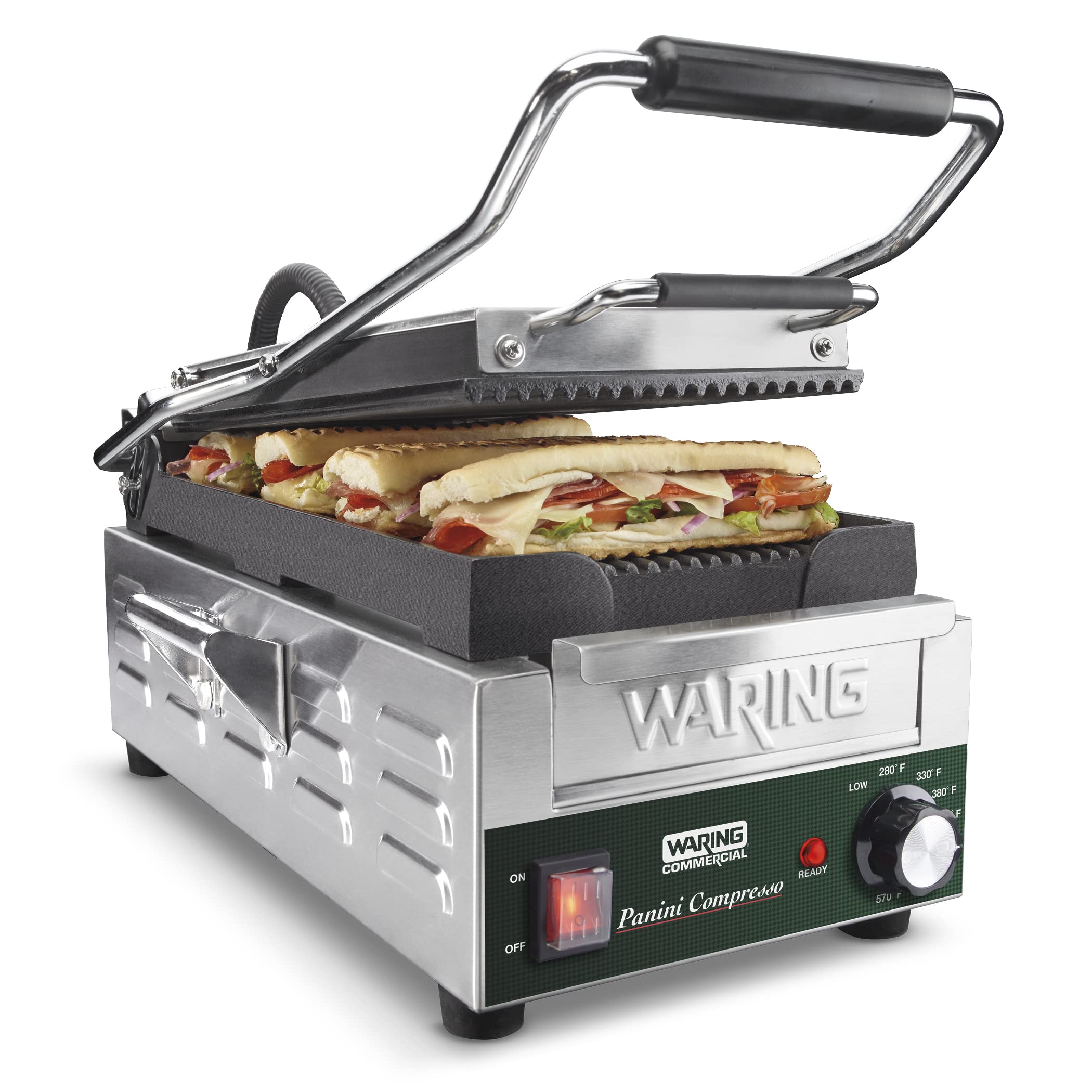 Waring Commercial WPG200 Panini Compresso Slimline Ribbed Grill, 120V, 1800W, 5-15 Phase Plug