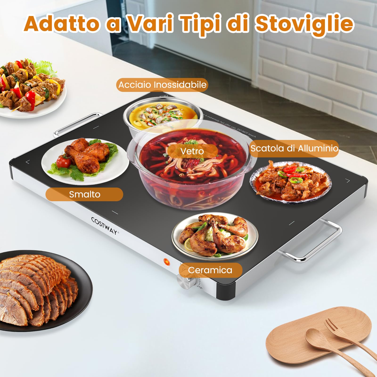 COSTWAY Vassoio Riscaldante Elettrico, Piatto Scaldavivande Portatile in Vetro Temperato con Temperatura Regolabile e Maniglie Antiustioni, per Feste Buffet (53 x 40 cm)