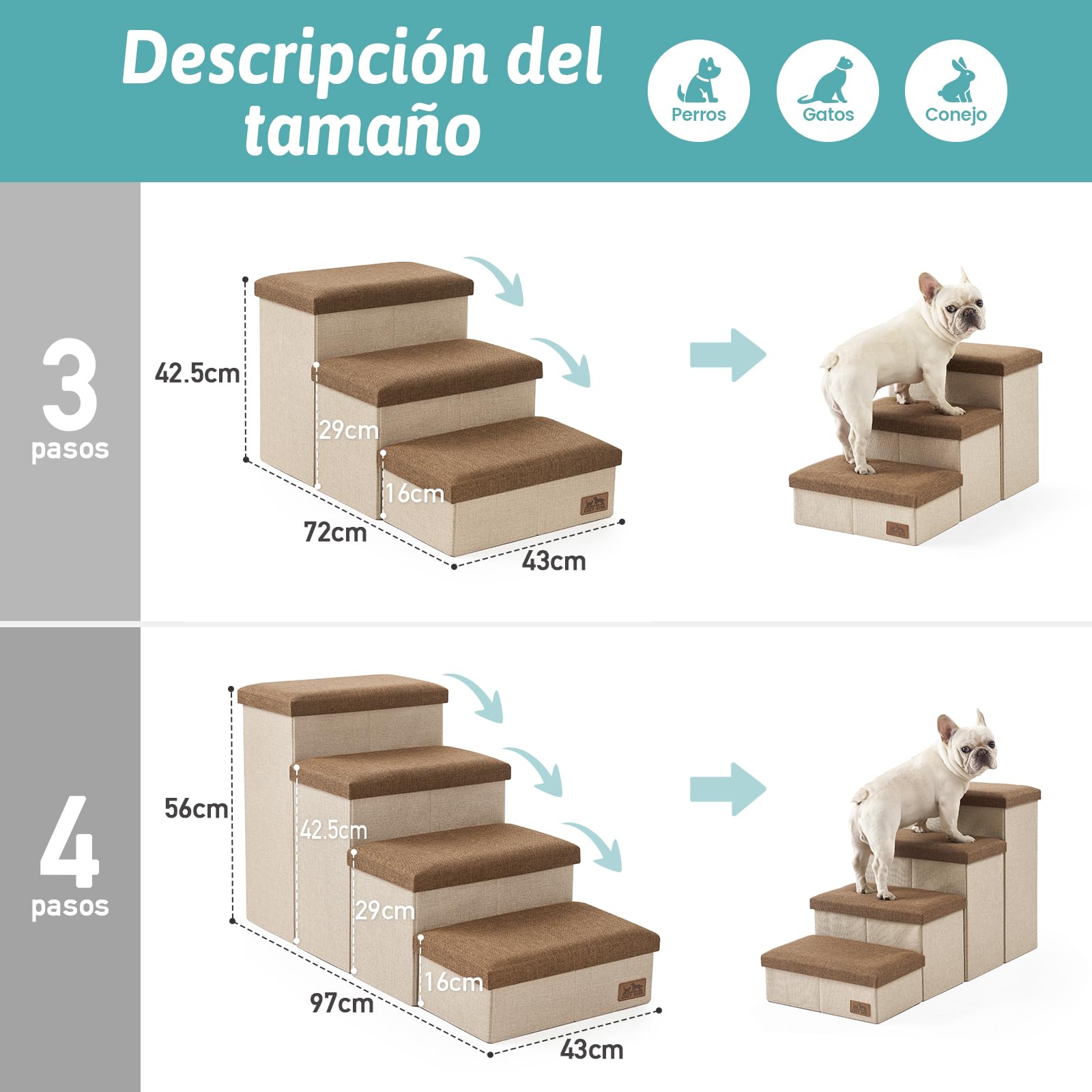 COZY KISS Escalera para Perros Pequeños con Almacenamiento, Plegable Rampa para Perros con Tapa a Prueba de Fugas, Paso para Mascotas Mayores para Silla Sofá, Ligero, Confort (Marrón, 43x72x42.5cm, 3)