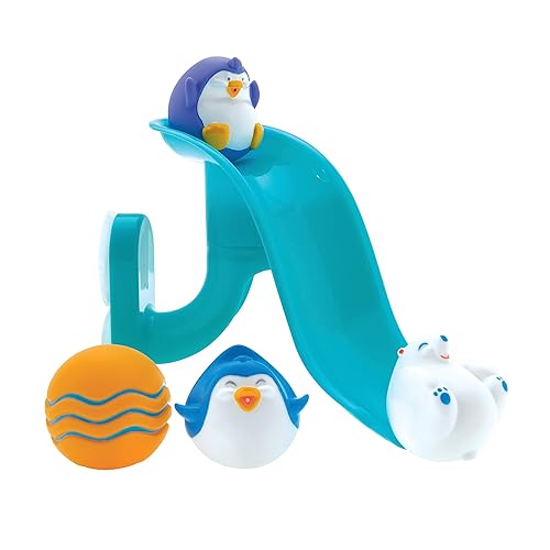 Nuby Penguin Slide - Juego de juguetes de baño con 4 chorros de baño, juguetes de baño para bebés para niños y niñas de 12 meses en adelante,