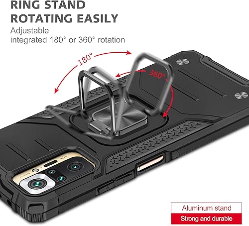 Vista 4 de Asuwish Funda de teléfono para Xiaomi Redmi Note 10/10S 4G con protector de pantalla de vidrio templado y soporte de anillo delgado híbrido Negro
