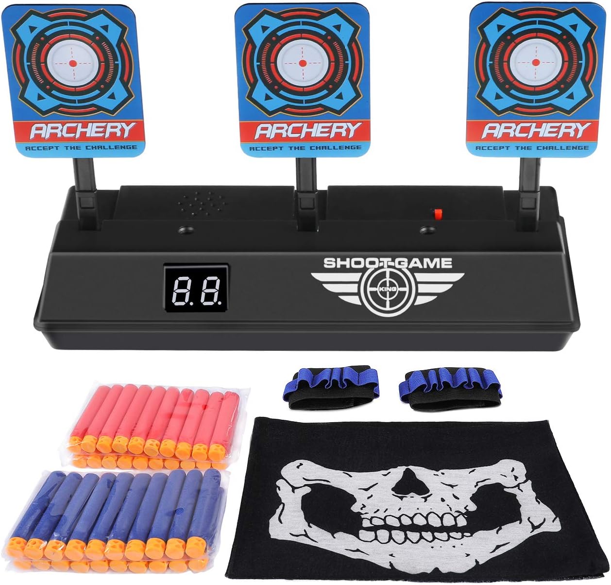 Vimpro Electronic Shooting Target Electric Scoring Auto Reset Digital Targets for Nerf Gun Toys Ideal Gift Toy for Kids-Boys & Girls with 40 Pcs Refill Darts 2 Hand Wrist Bands and 1 Skull Mask, Black