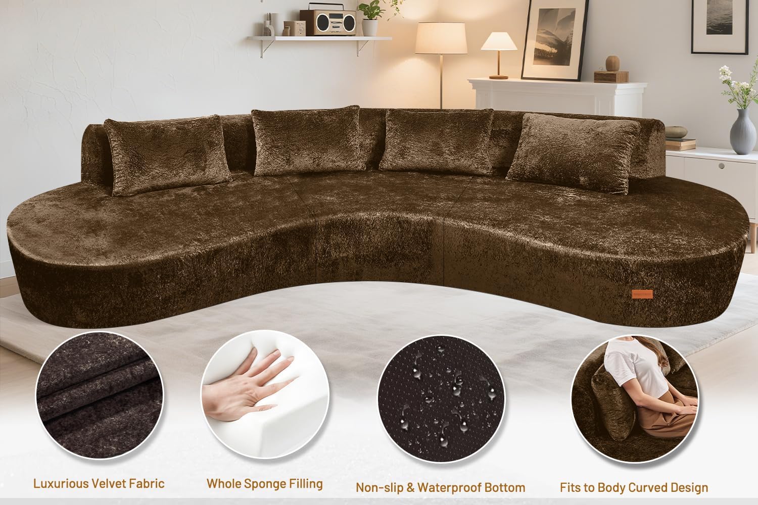 Homguava 130'' Modular Sectional Sofa,Curved Modern Sofa with Memory Foam,Deep Seat Cloud Couch with 4 Pillows,Upholstered Oversized Couches for Living Room Apartment Office,No Assembly Required-Brown