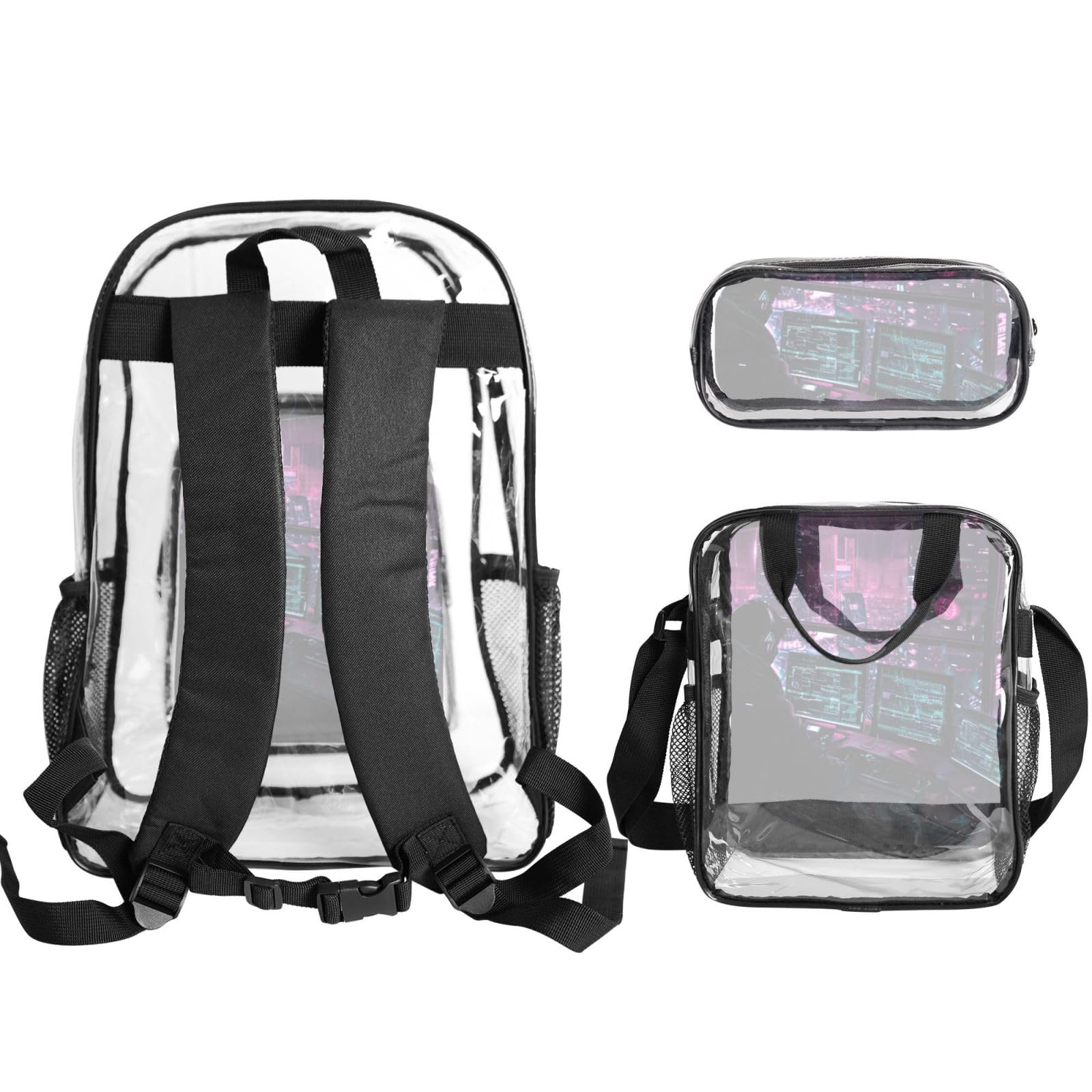 Hacker Era Print 3-teiliges transparentes Rucksack-Set für Reisen, Outdoor-Abenteuer, Urlaub, transparente Tasche