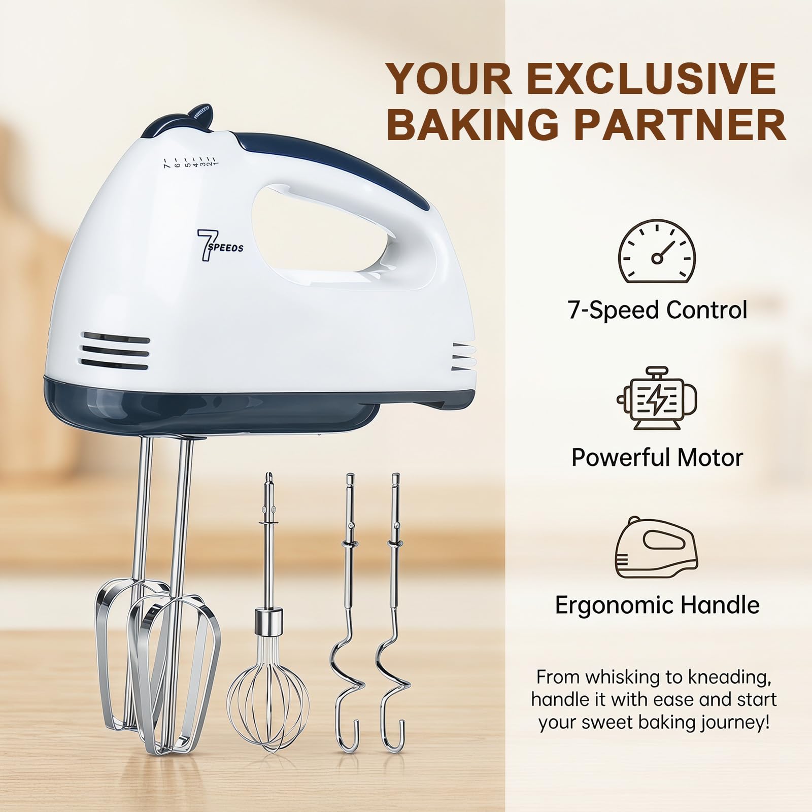 CEWROM Frullatore elettrico a mano, piccolo miscelatore alimentare a 5 velocità, 304 accessori in acciaio inox (1 frusta, 2 fruste, 2 ganci per impasto), ideale per applicazioni in cucina e