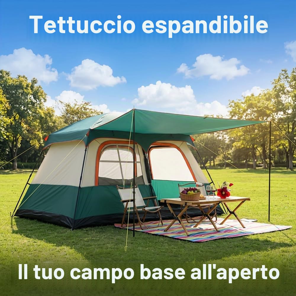 Tenda familiare per 4 persone, tenda a tunnel con 2 cabine letto e tenda, montaggio rapido in 10 minuti, tenda da campeggio impermeabile da 3000 mm con UPF 50+, tenda leggera per campeggio e attività