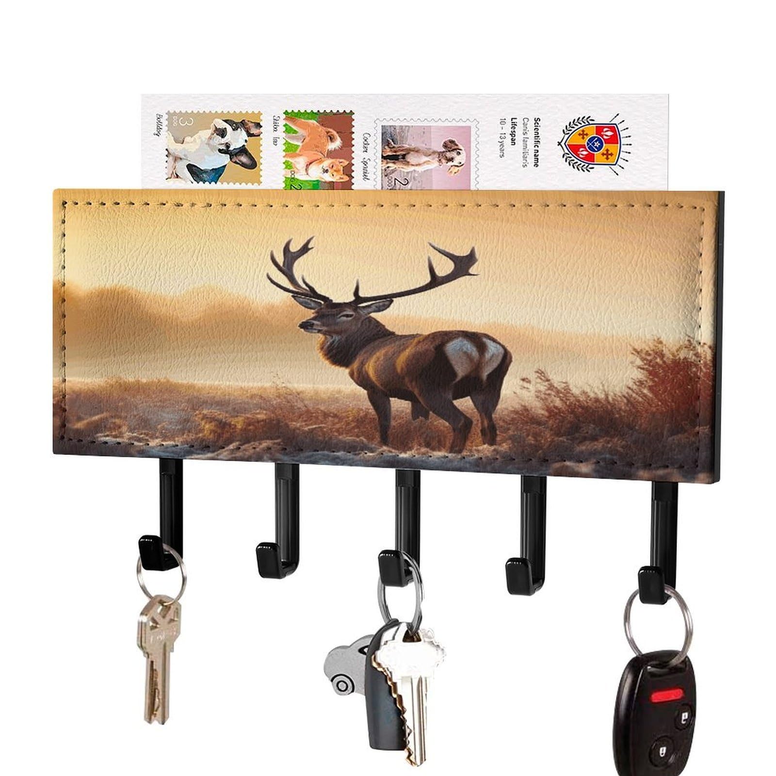 FekiLoot Landscape Deer Key Holder Wall Mount Key Hanger with 5 Hooks Decorative Key Rack Hanging Key Hooks with Mail Organizer Key Holder for Wall Living Room Kitchen Bathroom Hallway Black
