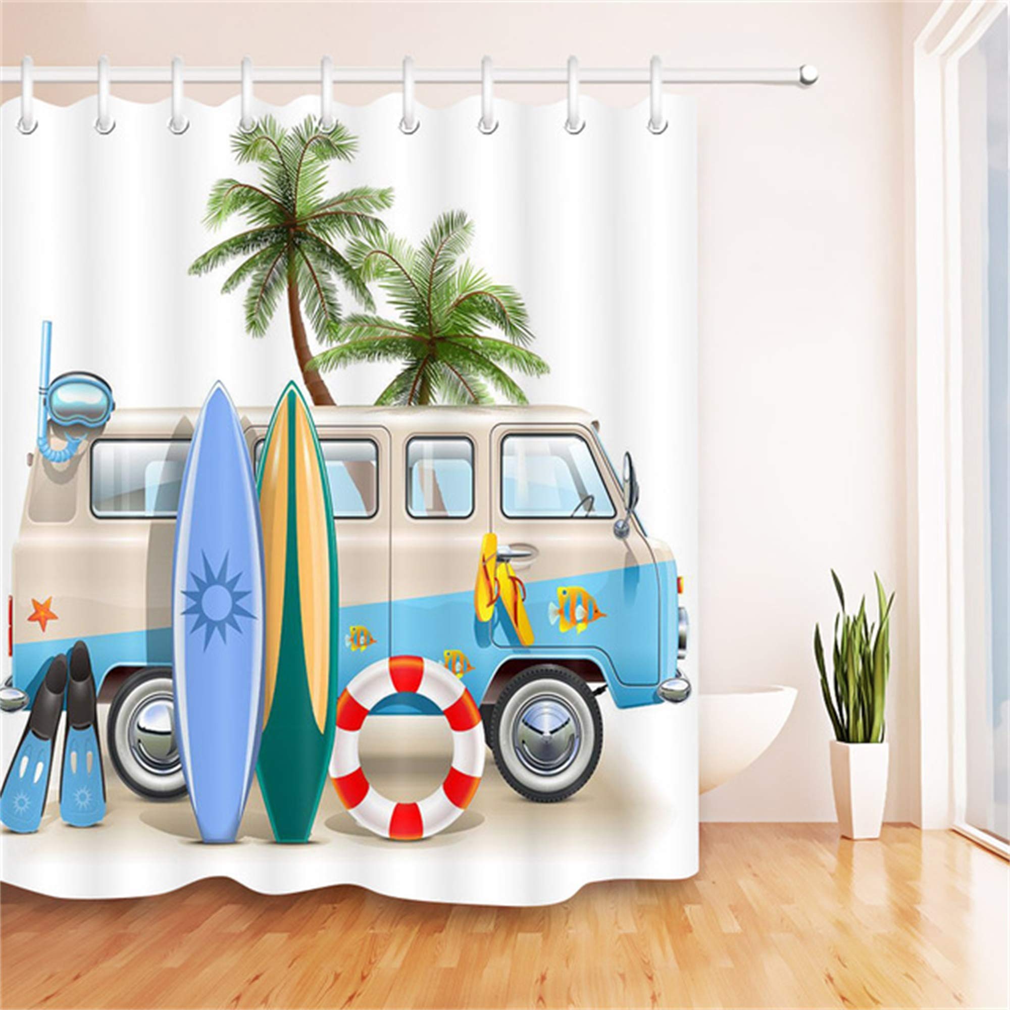 ZLWSSA 3D Waterproof Shower Curtain Car Travel Swim Ring Surfboard Camper White And Set Polyester Bathroom 150x180cm