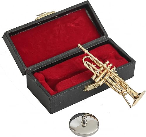 Vista 15 de Trompeta en miniatura con soporte y estuche, mini instrumento musical de latón, réplica de trompeta, figuras coleccionables, accesorios de casa