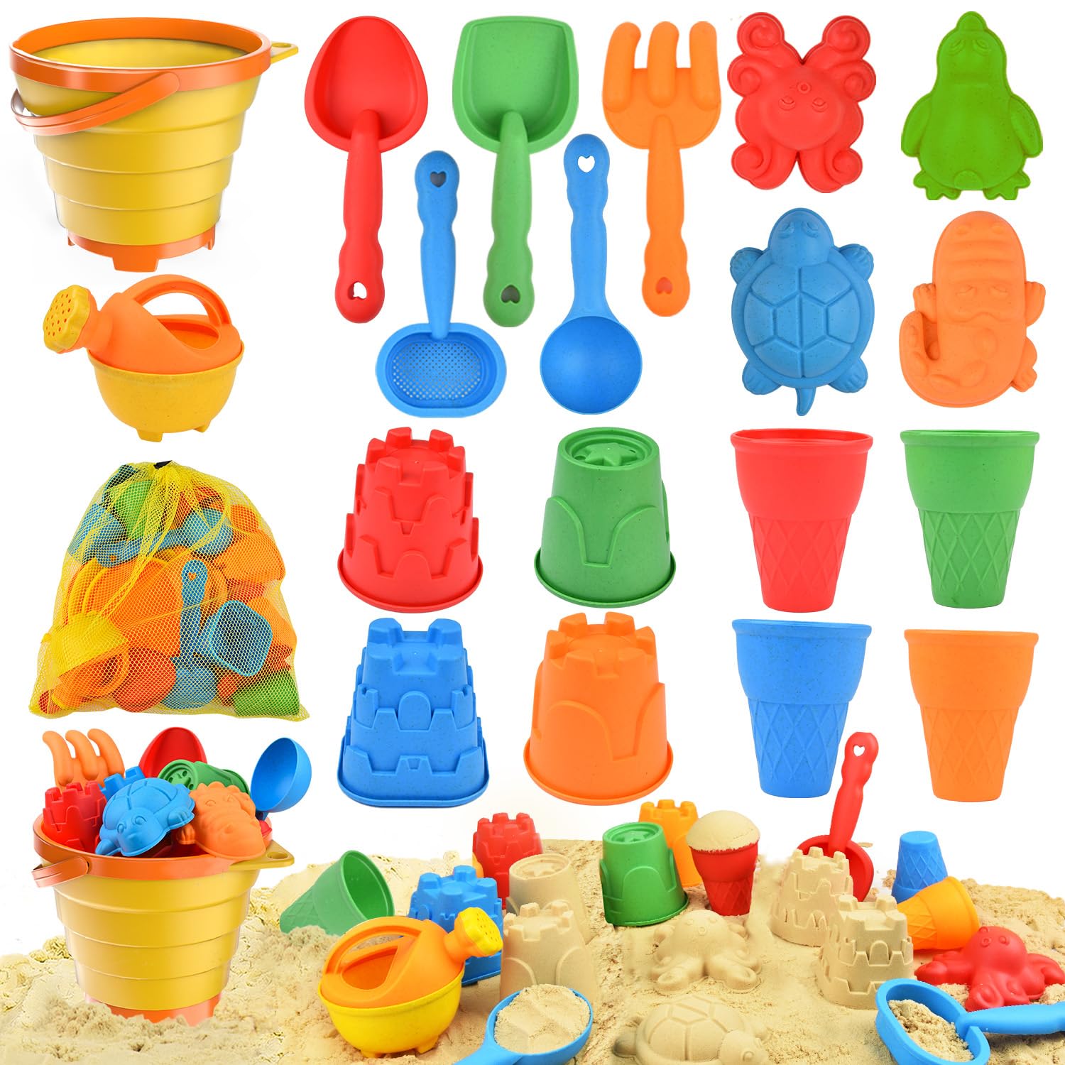 Juego De Playa De 19 Piezas Con Cubo Plegable Y Bolsa De Malla – Juguetes De Arena Para Niños De 3 A 5 Años, Ideal Para Castillos Y Diversión Al Aire Libre