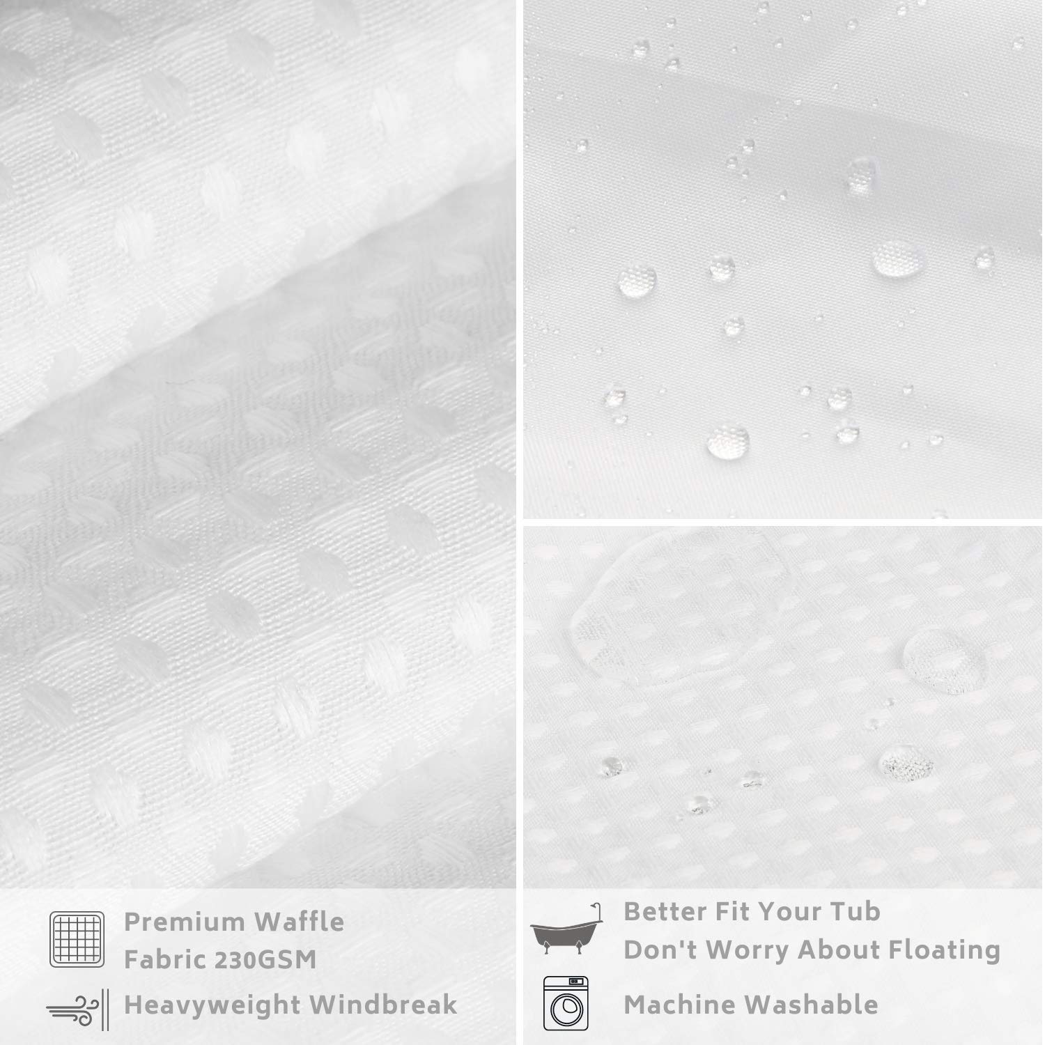 Rideau de douche en tissu gaufré blanc sans crochets avec doublure amovible en polyester – Rideau de bain très résistant avec dessus transparent, lavable en machine – 180 x 188 cm