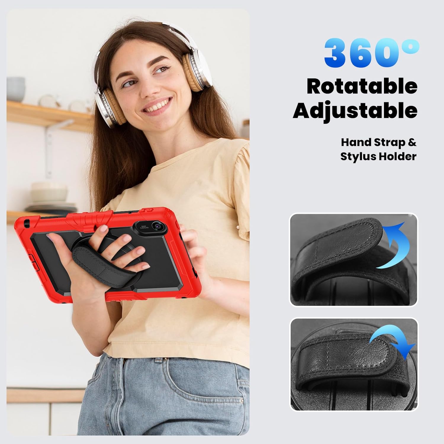 Compatible with Xiaomi Redmi Pad 2 11 inch Released 2025 Case with Screen Protector Heavy Duty Shockproof Protective Case Drop-Proof Cover Swivel Kickstand+Handle+Strapp Silicone Cover(Red)
