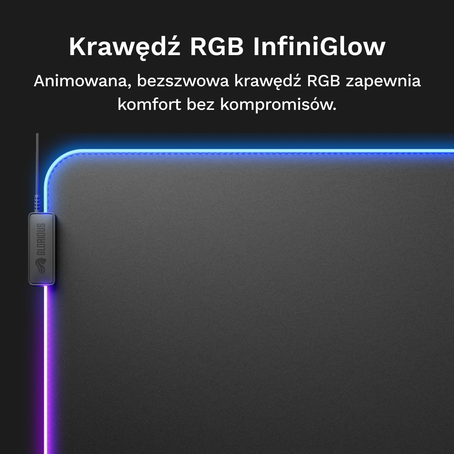 Glorious Gaming GMP 2 GLED Large Extended – podkładka pod mysz z dwustrefowym podświetleniem RGB, bezszwową krawędzią InfiniGlow, powierzchnią premium i gumowym spodem 915mm x 280mm x 3mm