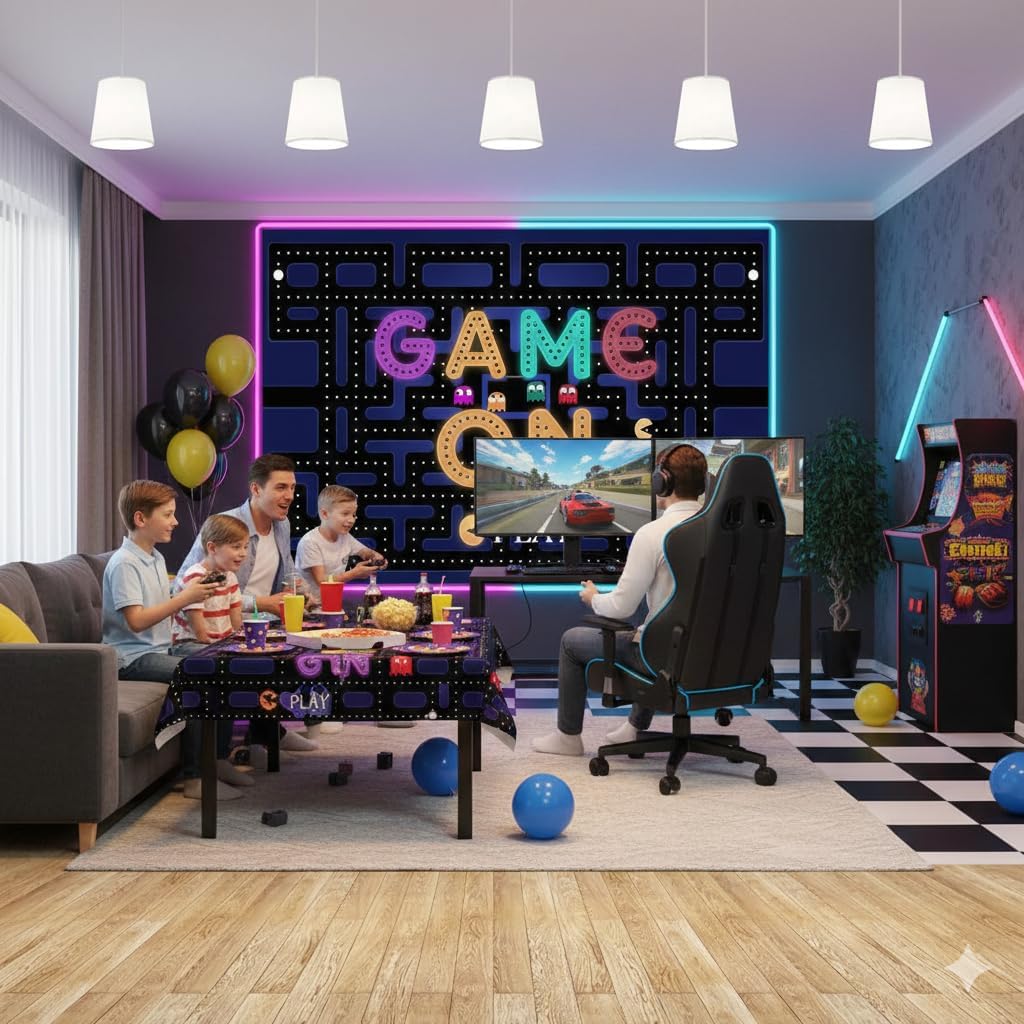 Game On Maze Backdrop 7x5ft, Video Game Party Decorations & Gaming Party Supplies Colorful Lights Photography Background for Birthday, Baby Shower, Photo Booth image 3