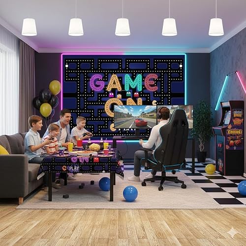 Miniatura 3 de Ticuenicoa Videojuego de 5 x 3 pies en telón de fondo para niñas y niños, laberinto de fotografía, fondo de luces coloridas, suministros para