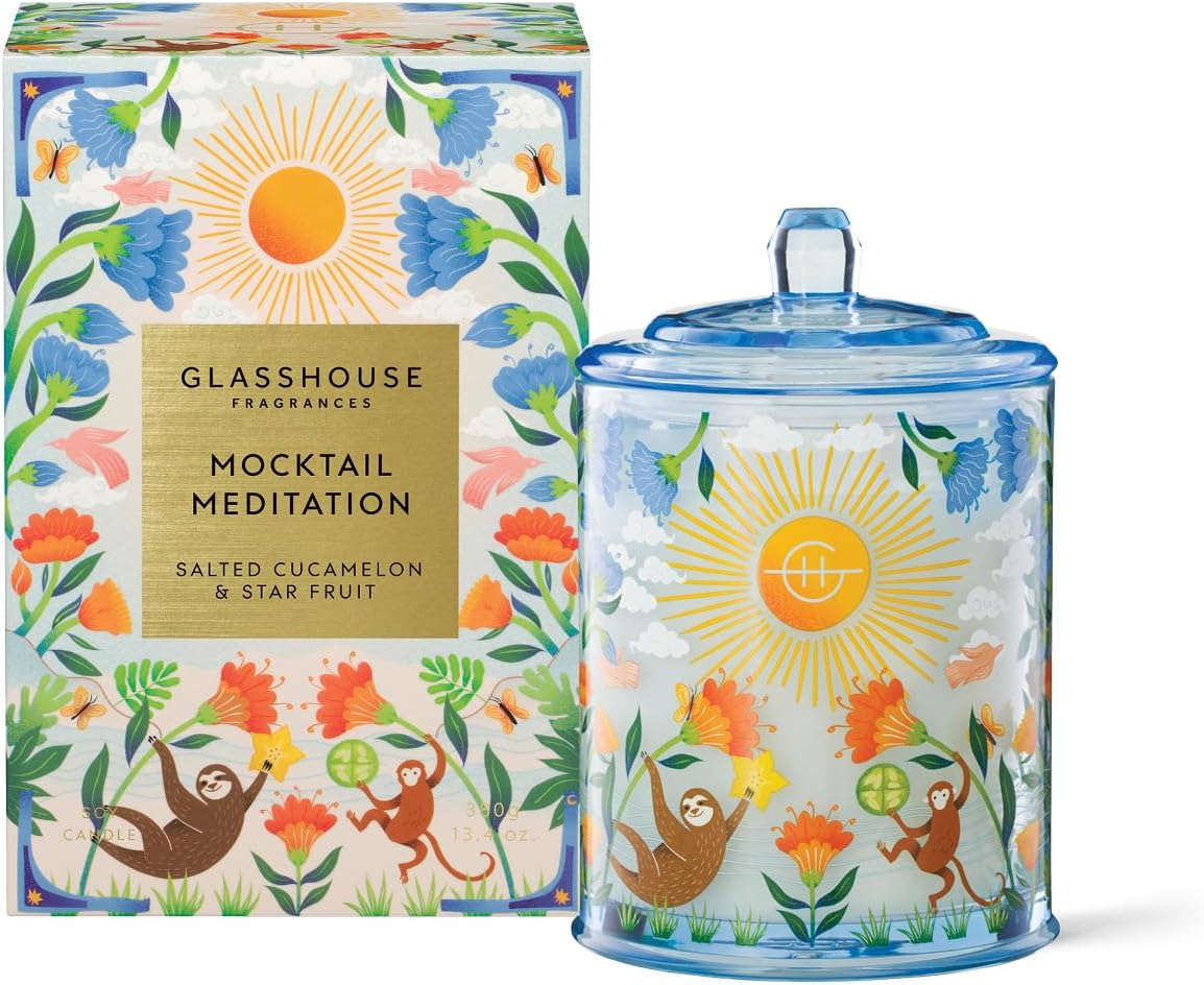 Glasshouse Fragrances Mocktail Meditation Candle, Triple Scented Natural Soy Wax Blend, 2 Wicks & Glass Jar, 65 Hour Burn Time, Salted Cucamelon & Starfruit, 13.4 oz. (380g)