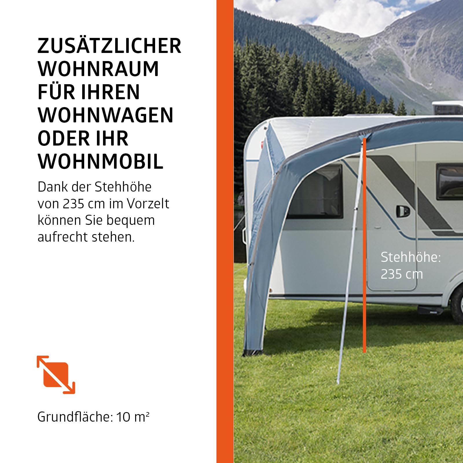 Campout Aufblasbares Vorzelt für Wohnwagen & Wohnmobil – 400 x 250 cm – 3000 mm Wassersäule – Anbauhöhe 235-250 cm – Aufbau in 15 Min – Inkl. Pumpe & Sturmabspannleinen