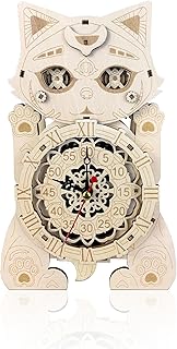 Foyucool 3D Wooden Puzzle for Adults, DIY Cat Clock with No Tick Sound Model Kit, Creative Assembly Model Building Kits to...