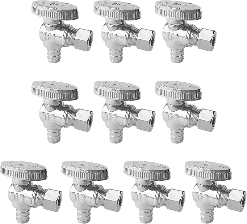 10-Pack Angle Stop Valve, 1/2" PEX x 3/8" OD Compression, 1/4 Turn | Brass, 1/2 Inch PEX Shut Off Valves