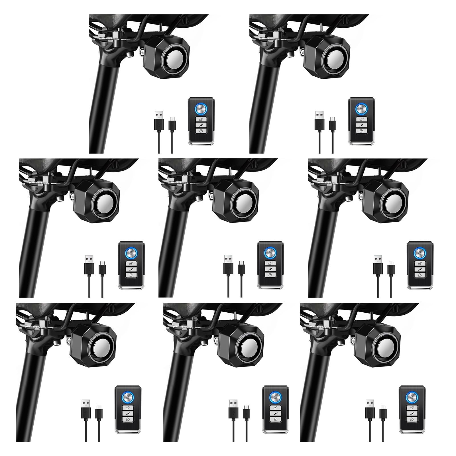 NineLeaf Fahrrad Alarmanlage mit Fernbedienung, 110dB Fahrradalarm mit Sattelhalterung, Lautstärke Empfindlichkeit einstellbar,IP65wasserdicht,USB-C wiederaufladbar, Diebstahlschutz für Fahrräder,8PK