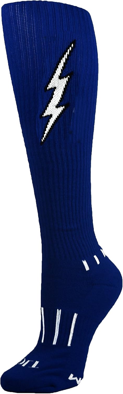 MOXY Socks Insane Bolt Youth Soccer Socks – Navy Knee High Sports Socks with White Lightning Bolt for Kids - Durable, Comfortable Athletic Socks for Boys & Girls
