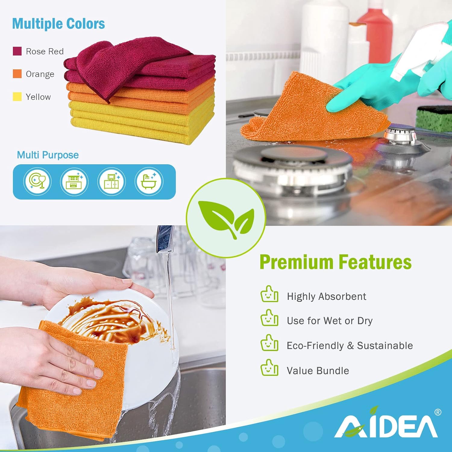 AIDEA Microfiber Cleaning Cloths-8PK, Softer Highly Absorbent, Lint-Free Streak-Free for House, Kitchen, Car, Window (12in.x16in.)