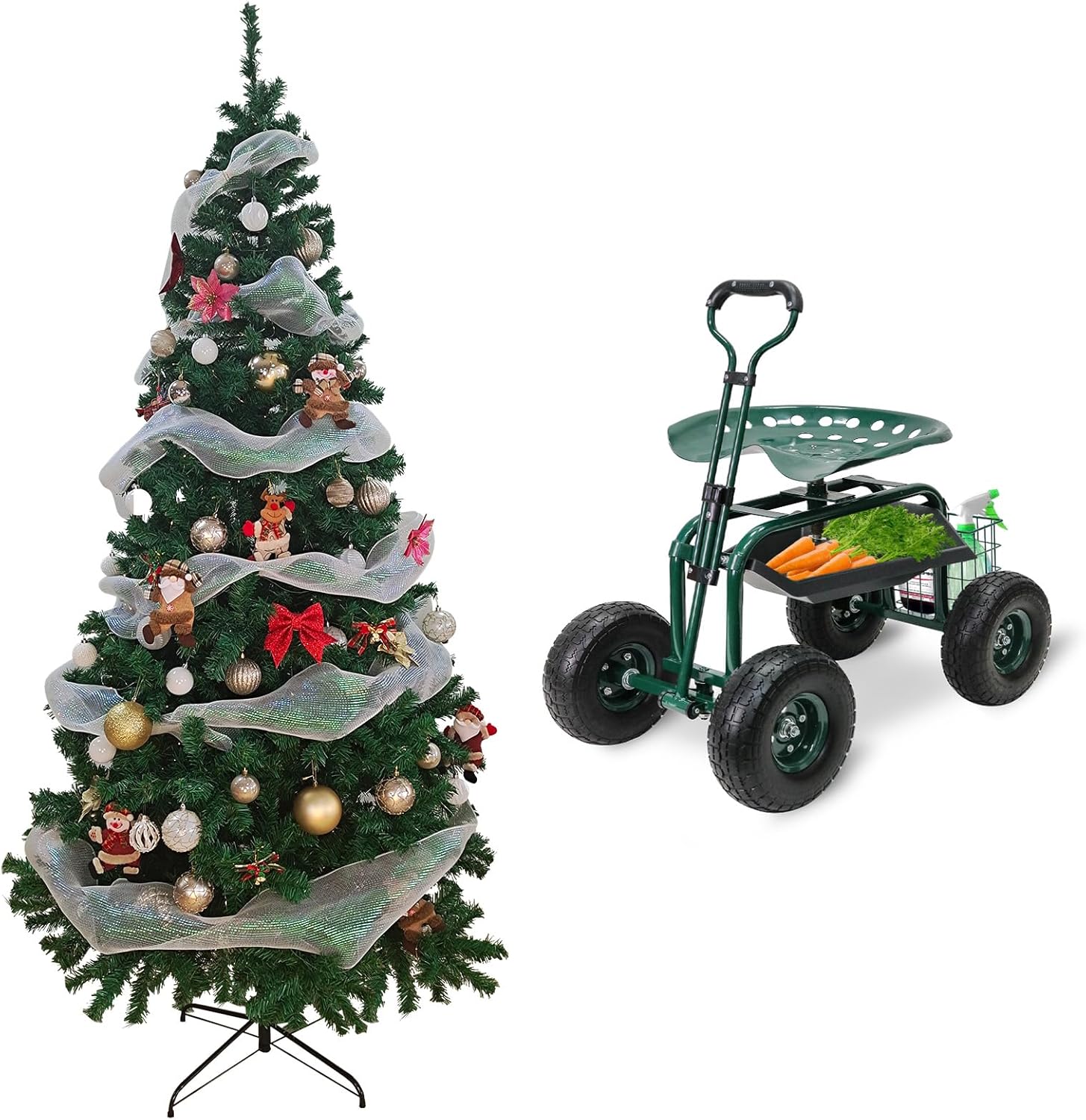 BESTHLS 9FT Christmas Tree 1850 Branch Tips with Decorations & Garden Rolling Wheel Cart Seat