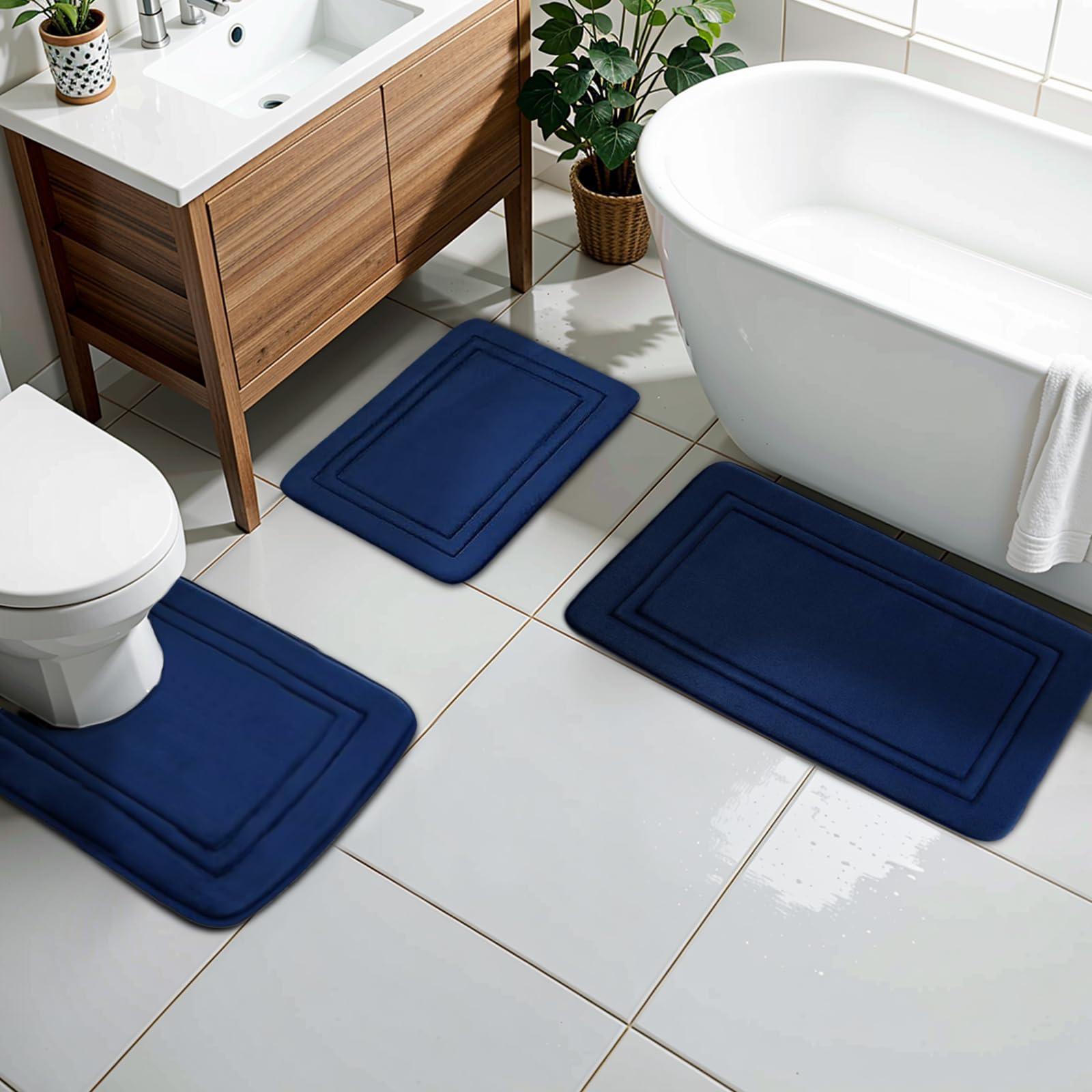 Tappeto Bagno, 3 pezzi, Morbido Tappetino in Microfibra Antiscivolo e Tappetino Bagno a Forma di U, Tappetini Doccia ad Assorbimento d'acqua, Lavabile in Lavatrice