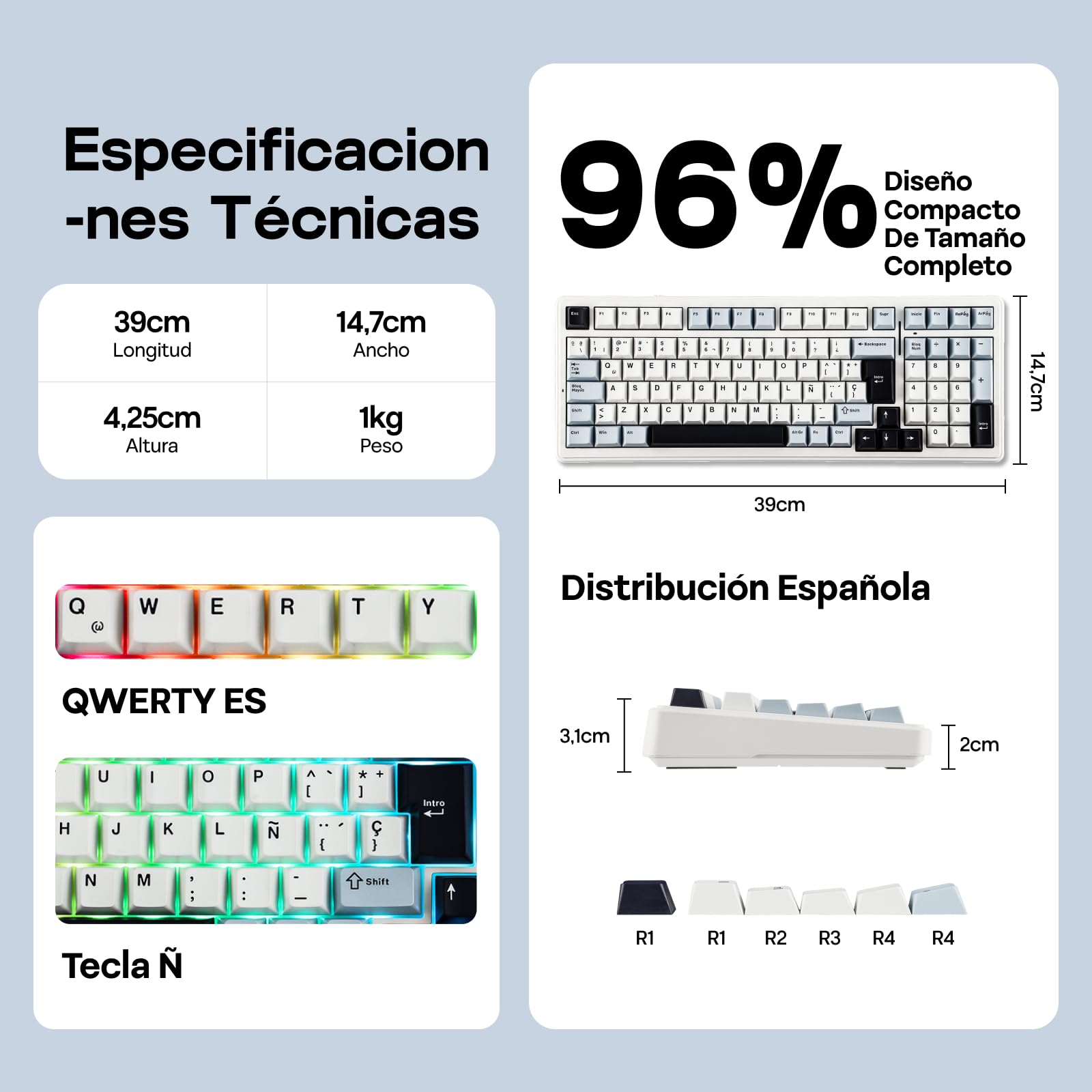 EPOMAKER x Aula F99 ISO-ES Teclado Mecánico con Cable, Distribución Española 96%, Hot Swap, Interruptores Lubricados, Teclas PBT, RGB, Teclado Numérico, Gasket Suave, para Gaming/Oficina (Blanco Azul)