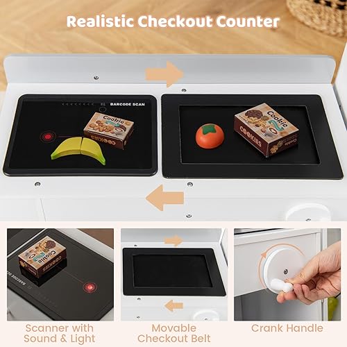 Miniatura 4 de Costzon Juego de tienda de comestibles para niños, tienda de juegos de madera convertible con carrito de compras, escáner, pizarra y cinturón de