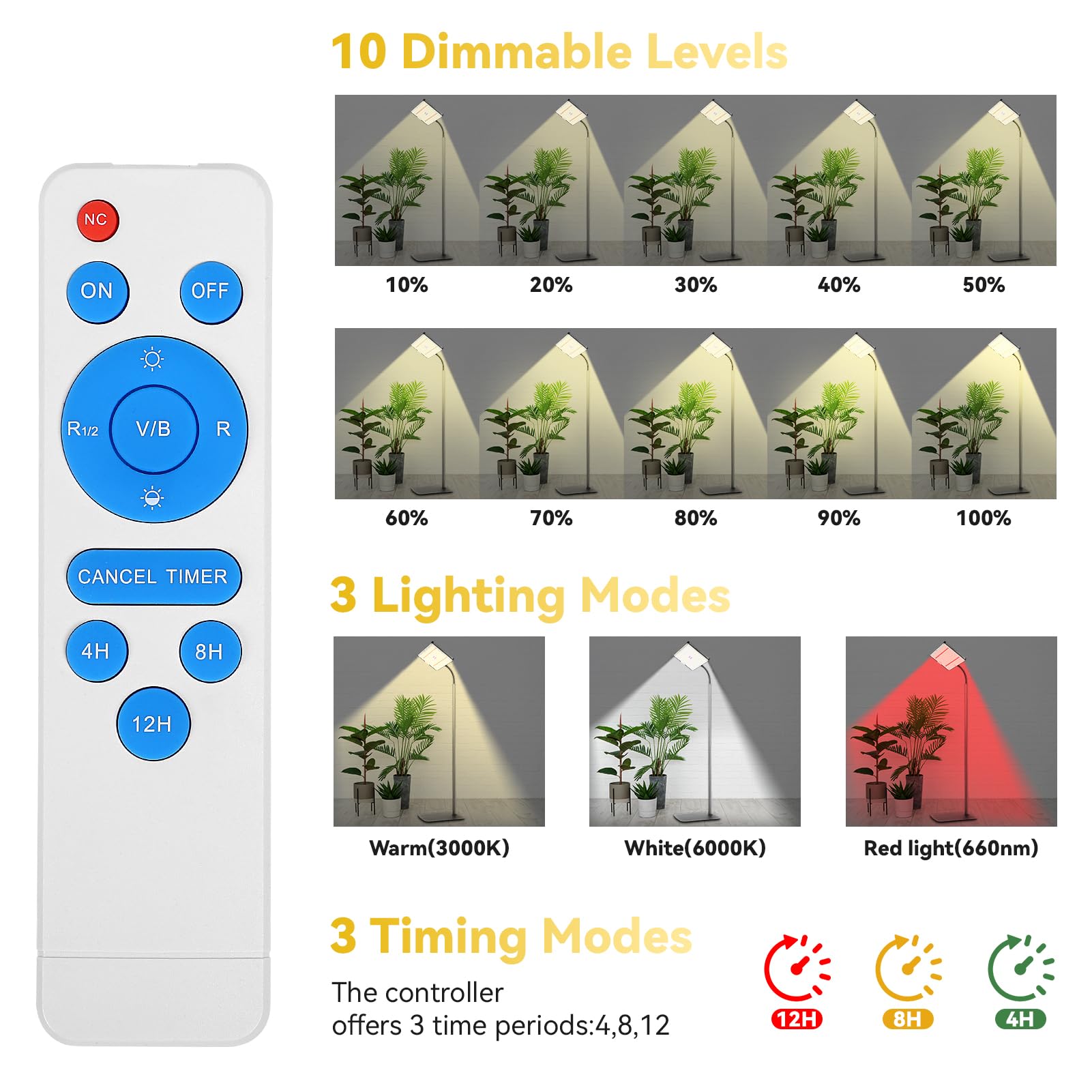 Lampe Horticole Led À Spectre Complet, 3 Couleurs, Minuterie 4/8/12 H, 10 Niveaux De Luminosité, Hauteur Réglable De 50 À 125 Cm Pour Les Grandes Plantes Ou Les Semis.