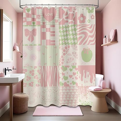 Miniatura 20 de Bonita cortina de ducha rosa Y2k Preppy Kawaii para niñas, decoración de baño a cuadros, tela impermeable con ganchos, 70 pulgadas de ancho x 72