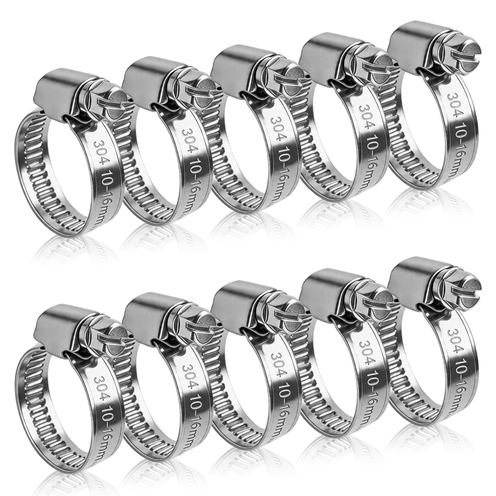 10PCs Jubilee Clips 10-16mm,Hose Clips,304 Stainless Steel Hose Clamps