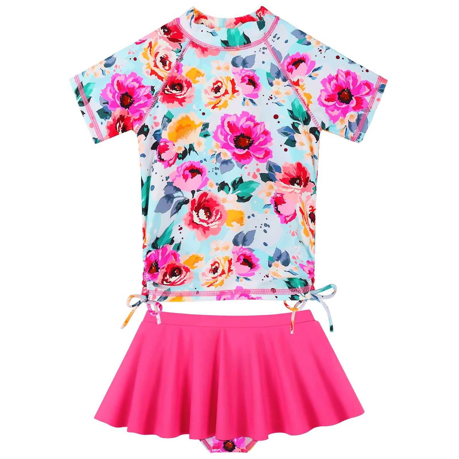 BAOHULU Girls Two Piece Swimsuits Rash Guard Ruffle Bikini Skirt Short Sleeves Beach Dress Swimwear UPF 50+ 3-12Y