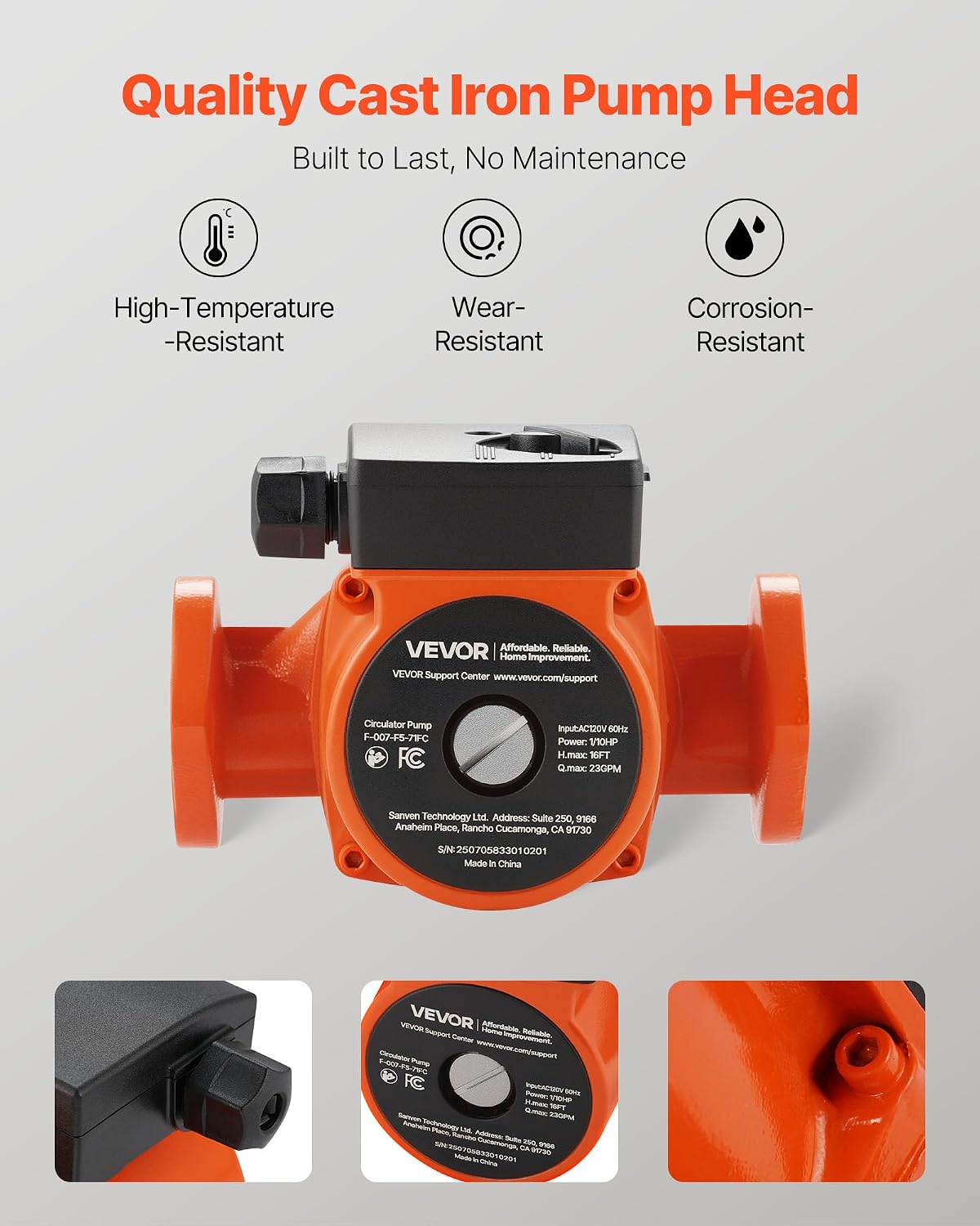 VEVOR F-007-F5-71FC Cast Iron Circulator Pump, 23 GPM, AC 120V 16 ft Hot Water Recirculating Circulation Pump, 1-Inch Flange Connection, 3-Speed Adjustment, Quiet Operation, for Home Heating System