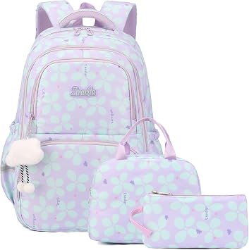 Bansusu 3Pcs Kids Backpack for Girls School Bag with Lunch Bag, Lucky Leaf Bookbag Multi-Pocket Girls Backpack, Purple