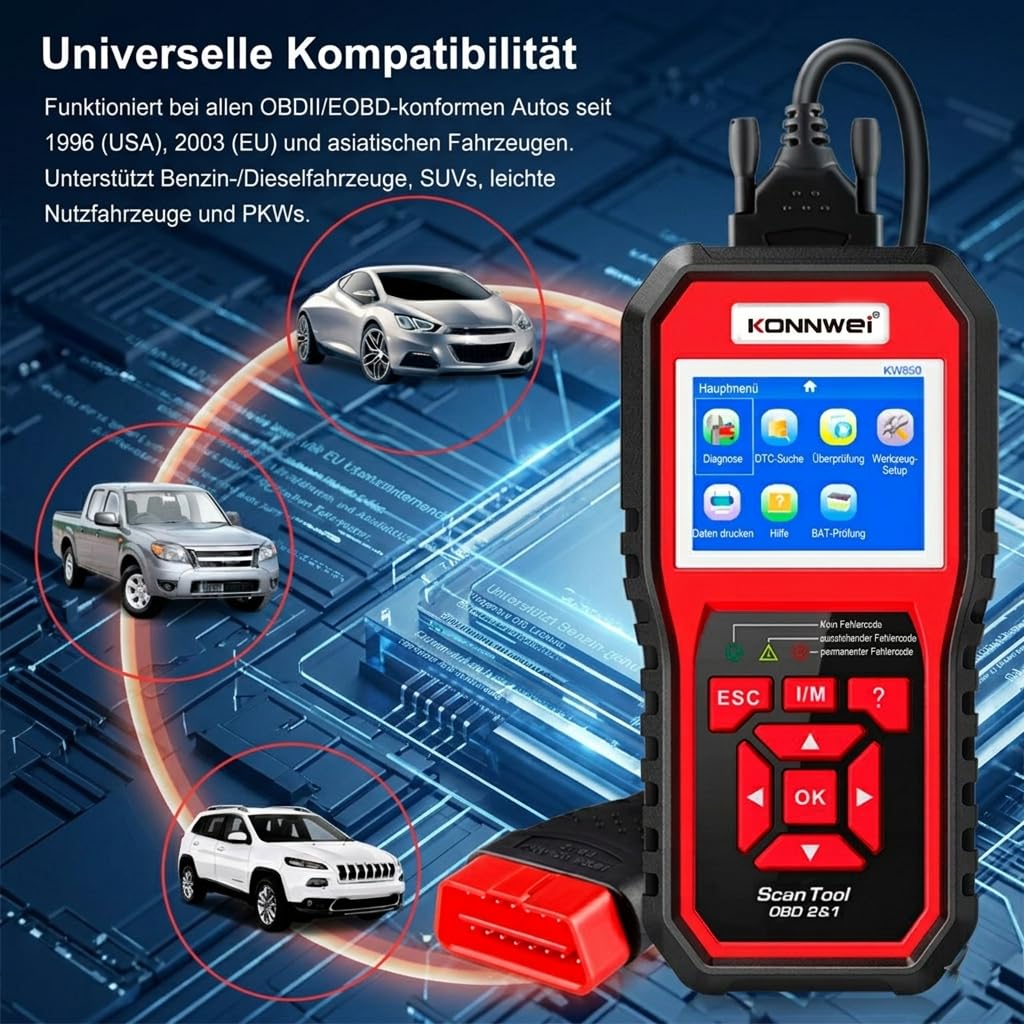 KONNWEI KW850 OBD2 Diagnosegerät mit Batterietest Diagnosegerät Auto | Auslesegerät Auto mit 2.8" Display, One Touch I/M Bereitschaftstaste, Kompatibel mit OBDII Fahrzeugen ab 2002,9 Sprachen