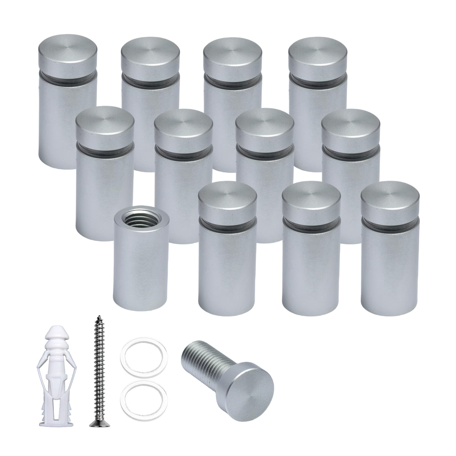 BESTANDOFF 12 Pcs Aluminum Standoff Fixings, Sign Standoff Screws Wall Mount Advertisement Fixings Bolts for Sign Displays, Sign Support Wall Mount (Satin Chrome, 12mm Dia x 20mm H)