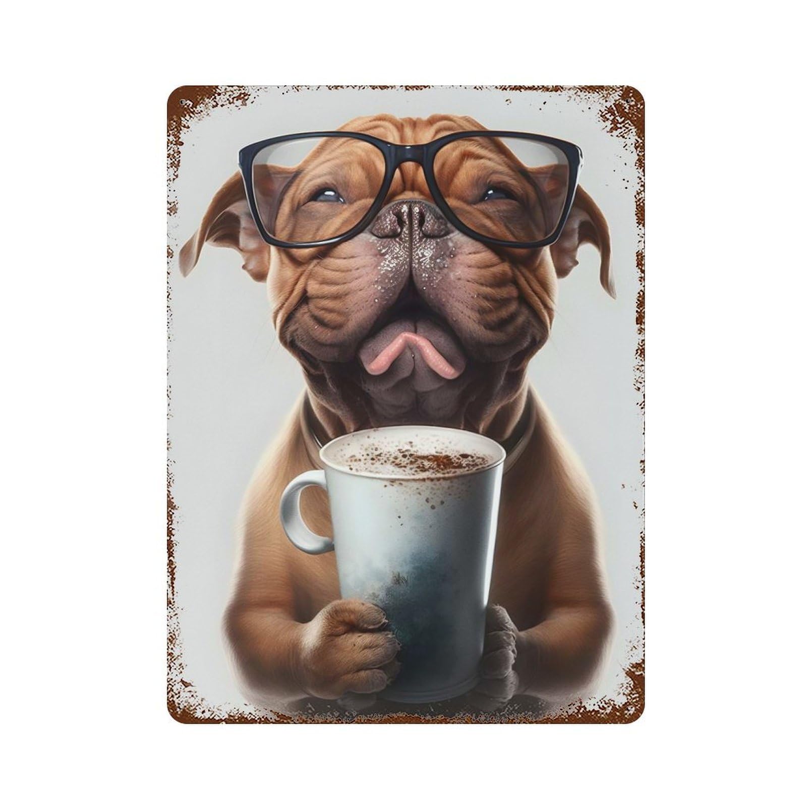 Rusty Metal Tin Sign with Cute Dog And Espresso Design 15.7"x11.8", for Shed, Workshop And Garage Wall Decor, Classic Wall Plaque