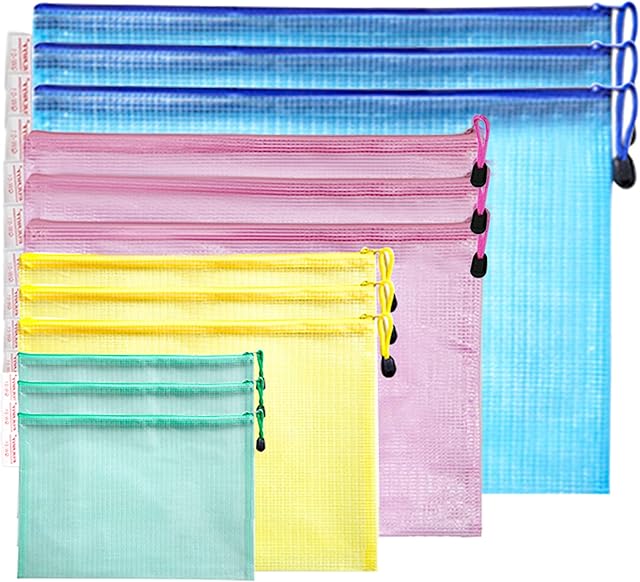 EULANT File Zipped Wallets 12PCS (A3 A4 A5 A6), Plastic Zip Bags for File Storage, Document Bags Folders, Zip Files Document Wallet for School Office Homework Travel