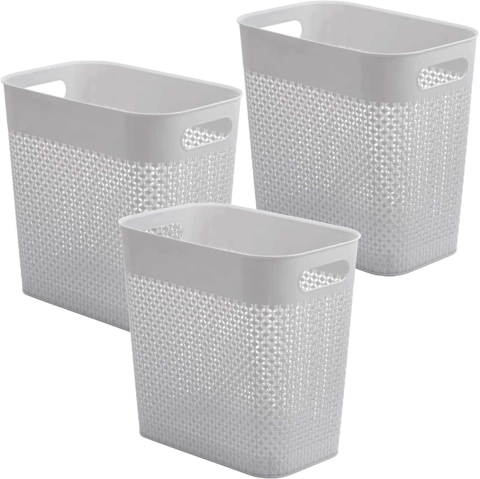 Elsjoy Set of 3 Plastic Trash Can Slim Waste Basket, 3 Gallon & 11L Garbage Can with Handles, Hollow-Out Rubbish Bin for Bathroom, Kitchen, Office, Dorm, Gray