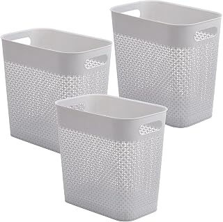 Set of 3 Plastic Trash Can Slim Waste Basket, 3 Gallon Garbage Can with Handles, Hollow-Out Rubbish Bin for Bathroom, Kitchen, Office, Dorm, Gray