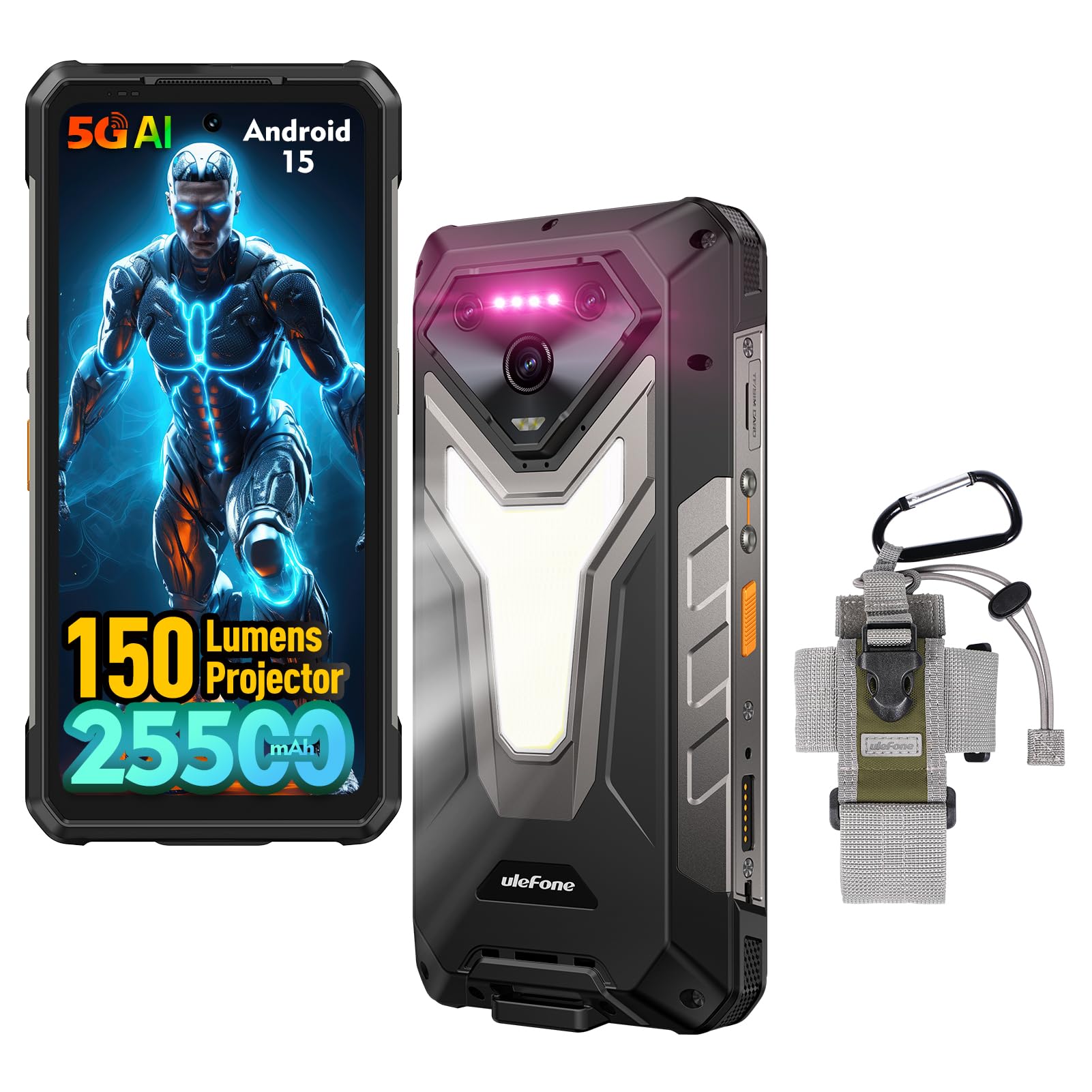Ulefone Armor 34 Pro 5G Rugged Phone Unlocked with 150 Lumens Projector, 32GB+512GB ROM/2TB, 25500mAh 66W, Android 15, 6.95" 120Hz, 64MP+50MP+50MP 32MP, 1100LM LED Light/Waterproof/NFC/Widevine L1