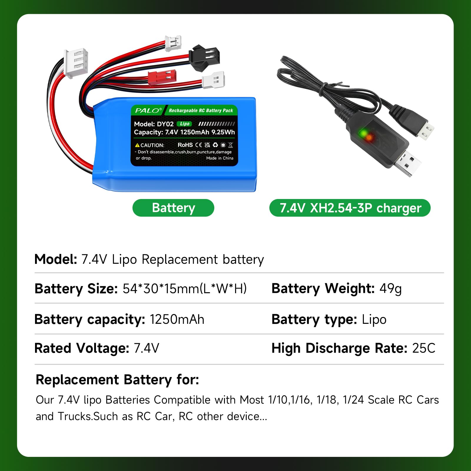 Batteria 7,4 V Lipo 1250 mAh PH2.0/JST/SM-2P/MX2.0 batteria 25C, Spina bilanciata XH2.54-3P & caricatore USB, per WLtoys RC Crawler SCX24 CR18P FCX18 FCX24, per RC Auto Boat Aereo, 2 pezzi