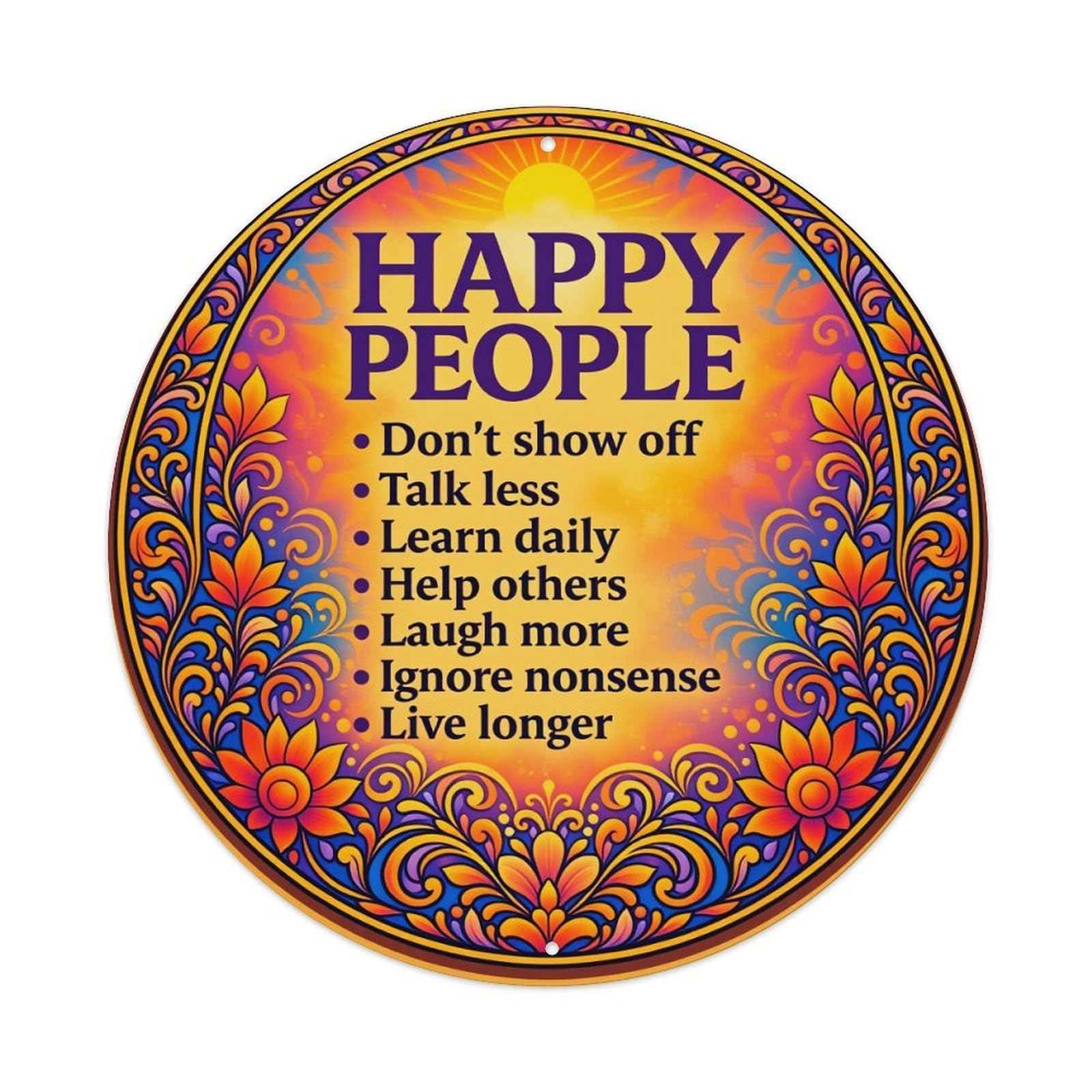 Colorful Floral Sunburst Pattern Design Round Tin Sign Vintage Style Metal Sign Home Bar Garden Wall Plaque Decor Metal Poster 8x8 Inch