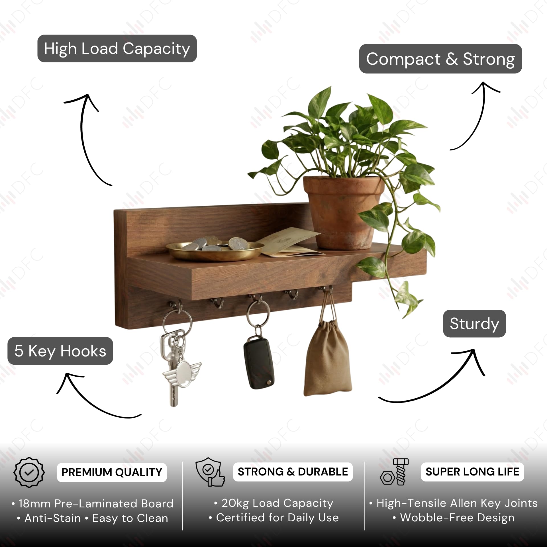 DFC Element Simplex Engineered Wood Wall Mounted Key Chain Holder with 5 Key Knobs (Matte Finish, Natural Oak) 2