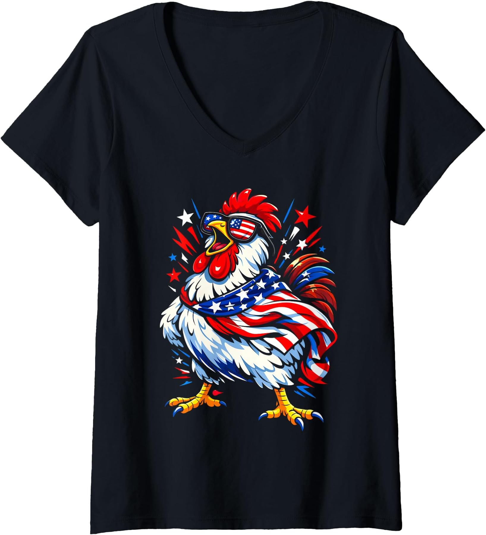 Women's Funny Patriotic 4th of July Chicken Americana USA Flag V-Neck T-Shirt